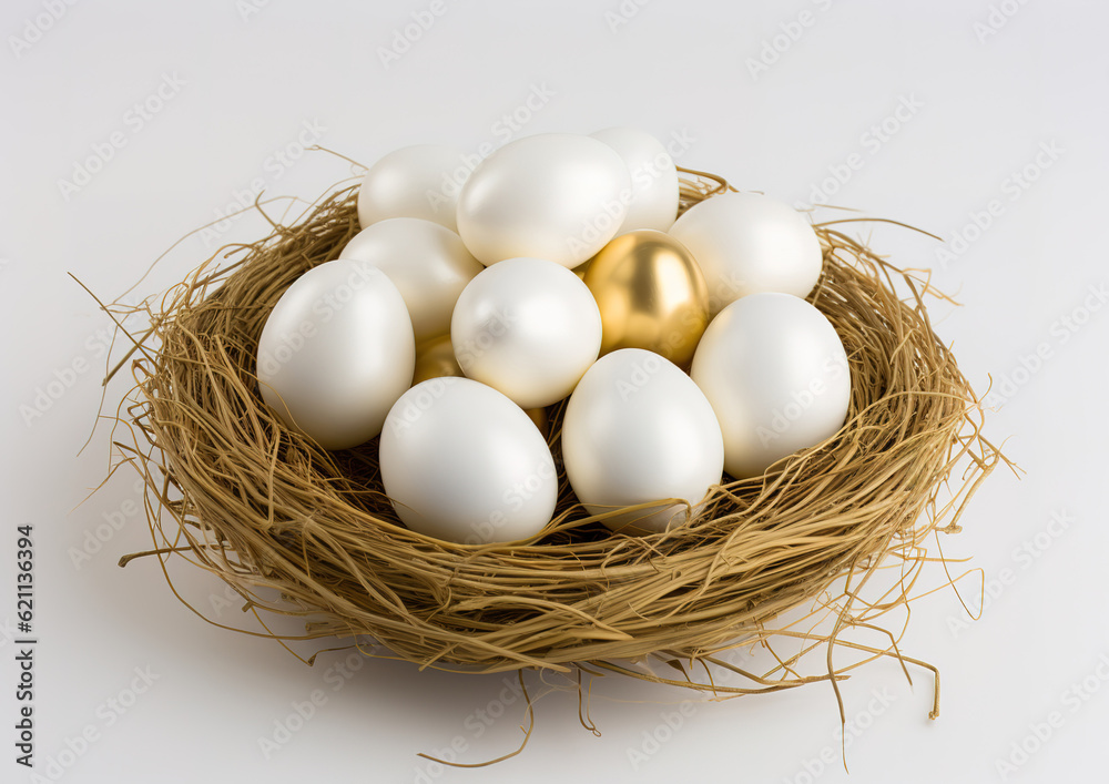 Golden eggs and white eggs in bird's nest on white background. Golden eggs and white eggs in bird's nest on white background.