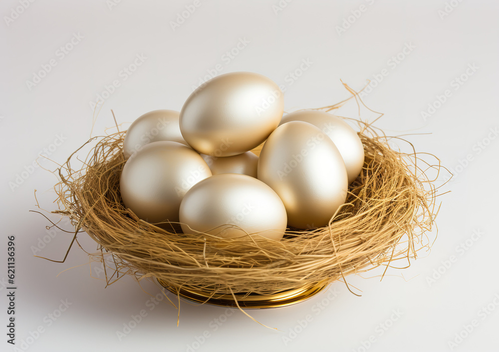Golden eggs in bird's nest on white background. Golden eggs in bird's nest on white background.