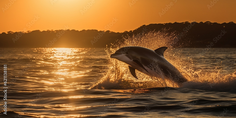 Fototapeta premium A dolphin jumps out of the sea near the shore of a tropical island. Generative AI