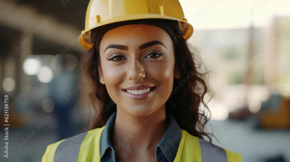 Woman with smooth black hair, working in a Construction site, in daylight, and looking at the camera while smiling Woman with smooth black hair, working in a Construction site, in daylight, and looking at the camera while smiling