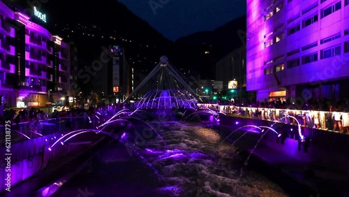 Andorra La Vella, Andorra : 2023 July 7 : Light and water show in the Capital of Andorra on the Valira River in Andorra La Vella in 2023.