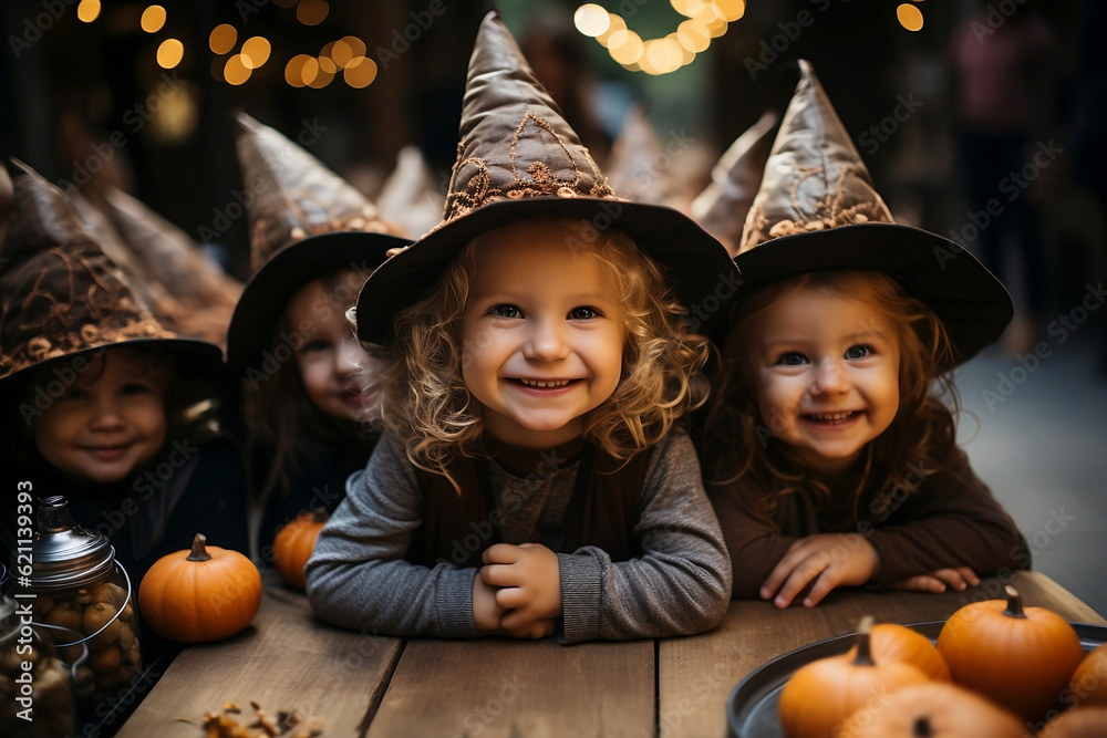 Little girls at a Halloween party dressed as witches. Generative AI.