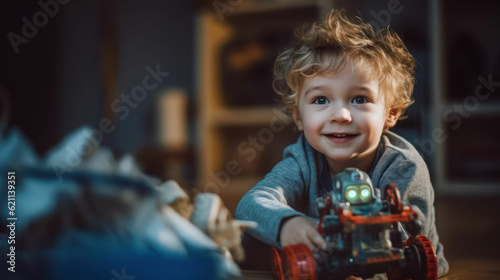 Cute little boy among the toys looks at the camera in the children's room