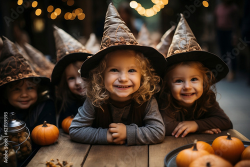 Obraz na płótnie Little girls at a Halloween party dressed as witches. Generative AI. w salonie