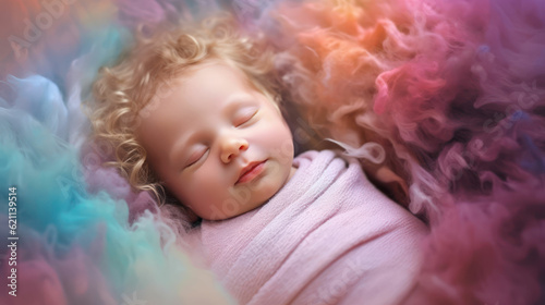 Sleeping newborn on soft colorful pastel background