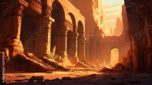 Ancient city buried deep within a desert or underwater realm. Depict its crumbling architecture, intricate statues, and the sense of wonder and mystery that surrounds this forgotten civilization