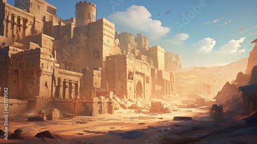 Ancient city buried deep within a desert or underwater realm. Depict its crumbling architecture, intricate statues, and the sense of wonder and mystery that surrounds this forgotten civilization