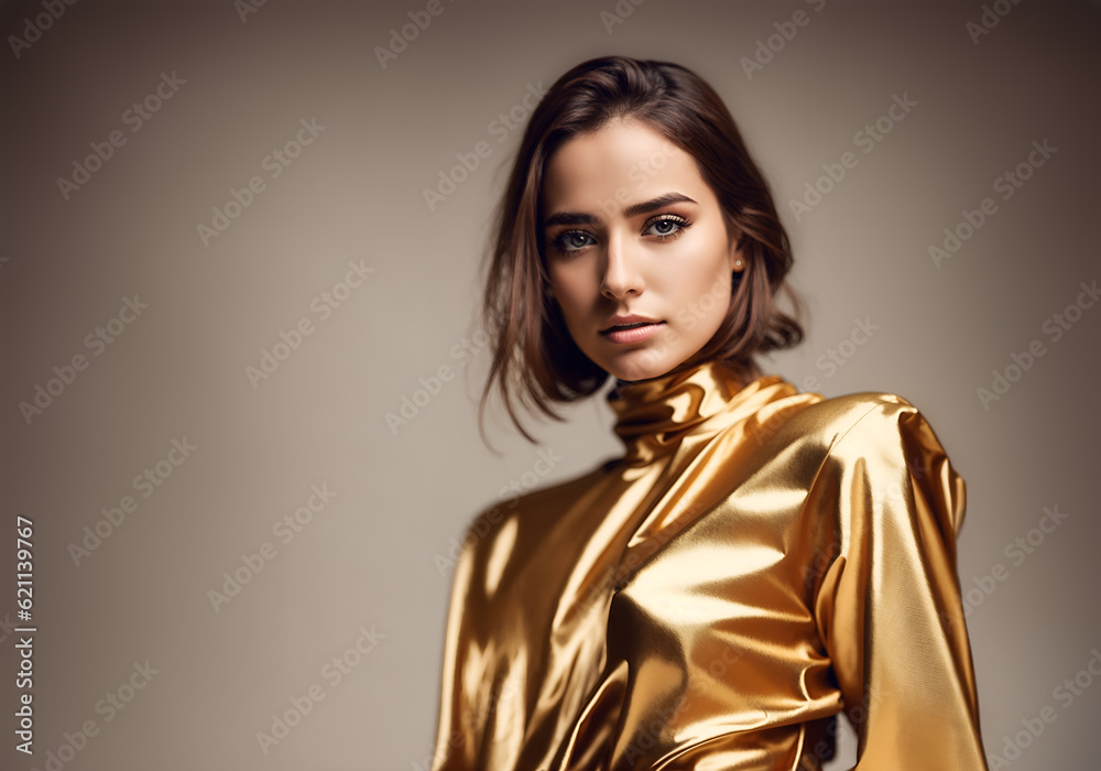 Portrait of a beautiful woman wearing a golden dress. Female model posing in shiny golden attire