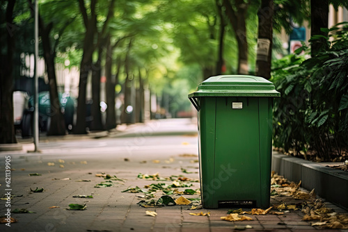 Green recycling bin on the street, Generative AI