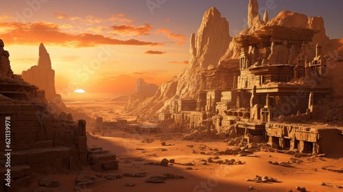 Ancient city buried deep within a desert or underwater realm. Depict its crumbling architecture  intricate statues  and the sense of wonder and mystery that surrounds this forgotten civilization