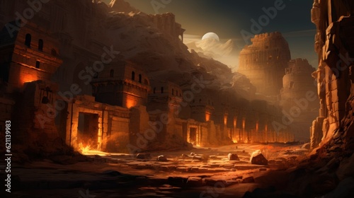 Ancient city buried deep within a desert or underwater realm. Depict its crumbling architecture, intricate statues, and the sense of wonder and mystery that surrounds this forgotten civilization