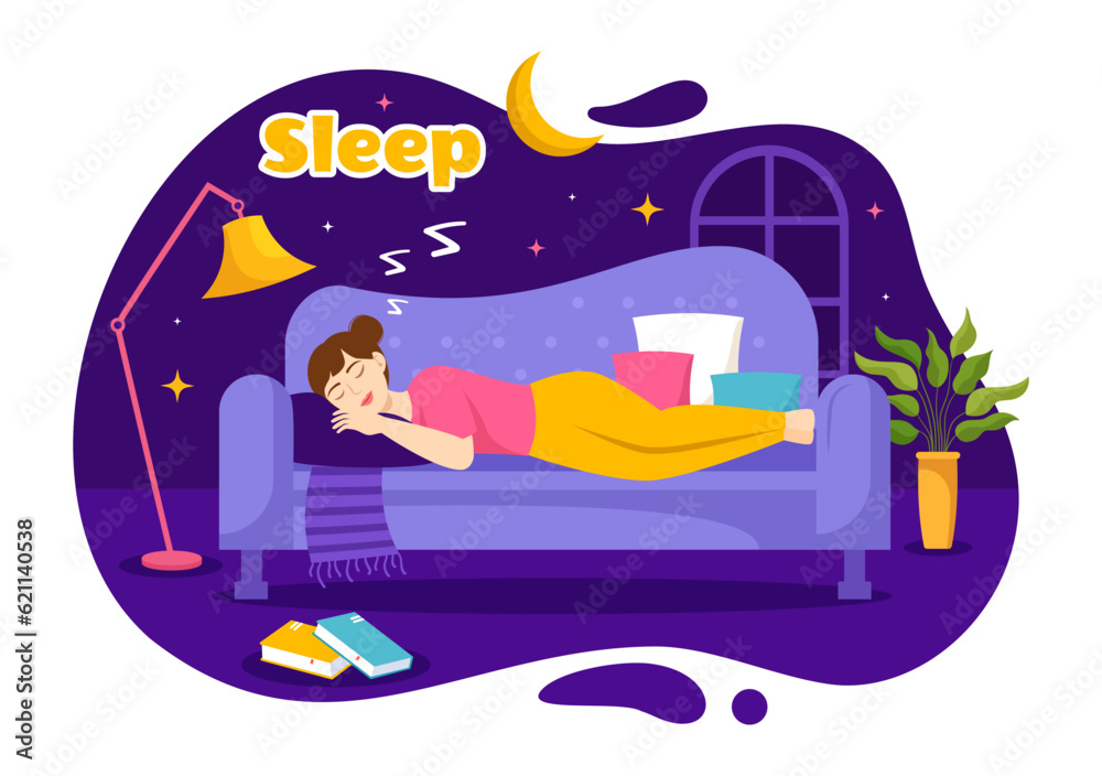 Fototapeta premium Sleep Vector Illustration with Happy Young Person is Fast Asleep and Having a Sweet Dream in Healthcare Hand Drawn Background Night Templates