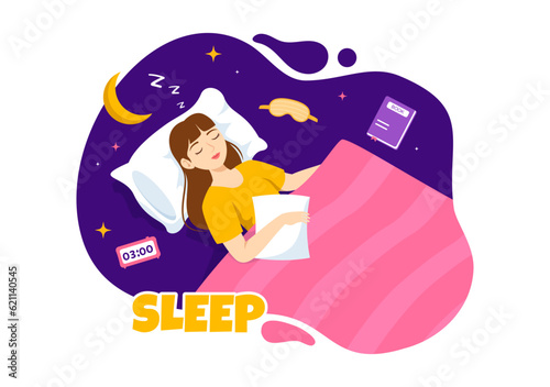 Sleep Vector Illustration with Happy Young Person is Fast Asleep and Having a Sweet Dream in Healthcare Hand Drawn Background Night Templates