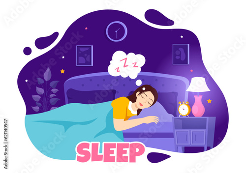 Sleep Vector Illustration with Happy Young Person is Fast Asleep and Having a Sweet Dream in Healthcare Hand Drawn Background Night Templates