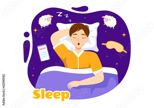 Sleep Vector Illustration with Happy Young Person is Fast Asleep and Having a Sweet Dream in Healthcare Hand Drawn Background Night Templates