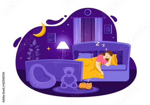 Sleep Vector Illustration with Happy Young Person is Fast Asleep and Having a Sweet Dream in Healthcare Hand Drawn Background Night Templates