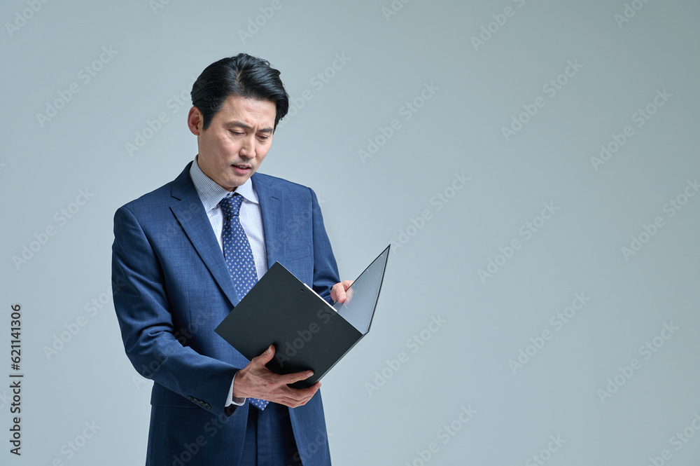 Middle-aged office worker with glasses and files, various expressions of emotions Middle-aged office worker with glasses and files, various expressions of emotions
