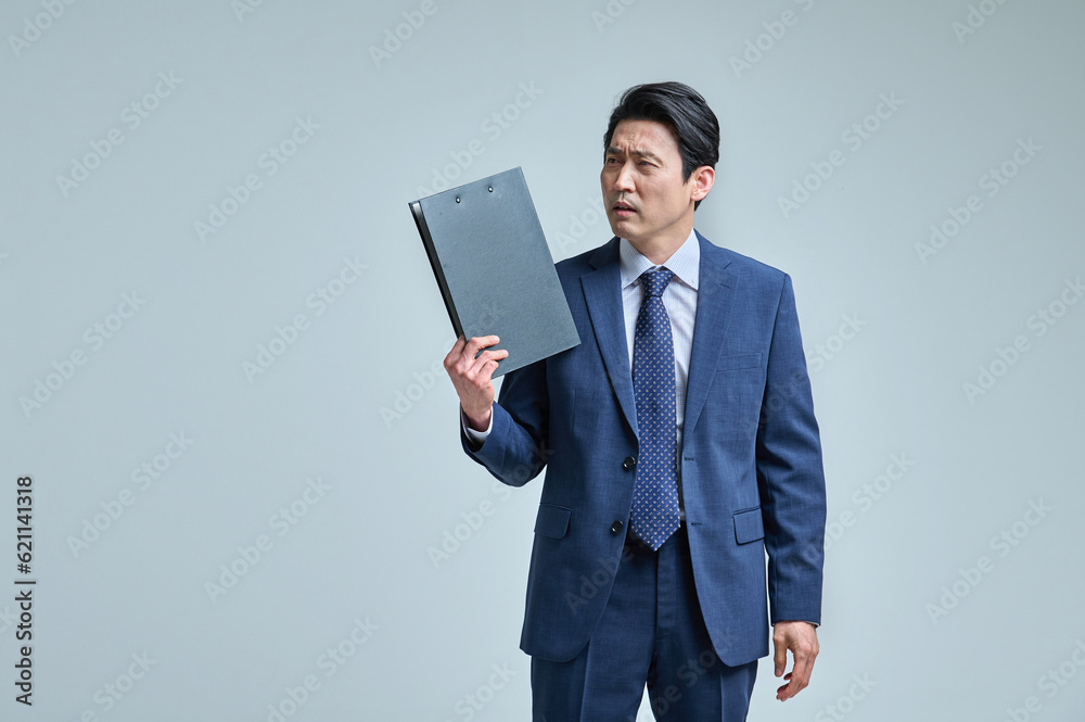 Middle-aged office worker with glasses and files, various expressions of emotions Middle-aged office worker with glasses and files, various expressions of emotions
