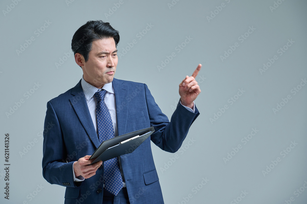 Middle-aged office worker with glasses and files, various expressions of emotions Middle-aged office worker with glasses and files, various expressions of emotions