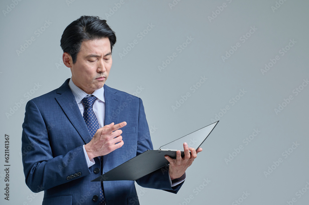 Middle-aged office worker with glasses and files, various expressions of emotions Middle-aged office worker with glasses and files, various expressions of emotions