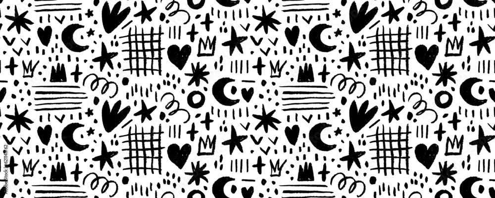 Fun abstract doodle shapes seamless banner. Pattern with crowns, grid, scrawls and stars. Childish charcoal drawing. Abstract scrawl style drawing background for children with doodle shapes. Fun abstract doodle shapes seamless banner. Pattern with crowns, grid, scrawls and stars. Childish charcoal drawing. Abstract scrawl style drawing background for children with doodle shapes.