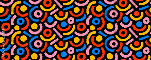 Geometric seamless patterns with arches in bright colors. Straight lines, circles and curves. Brush drawn multi colored bold arches with thick dots. Seamless backgrounds with vector curved lines.