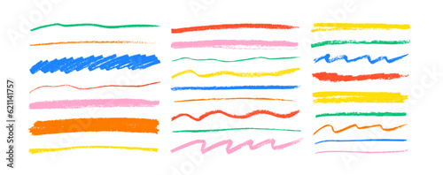 Multi colored charcoal pencil scribble vector set. Childish drawing. Doodles and curved lines, straight thin strokes. Colorful pencil sketchy lines. Grungy smears and rough crayon strokes.