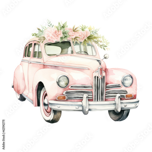 a beautifully decorated wedding getaway car in watercolor style isolated on a transparent background, generative ai