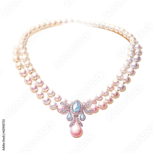 a classic bridal pearl necklace in watercolor style isolated on a transparent background, generative ai