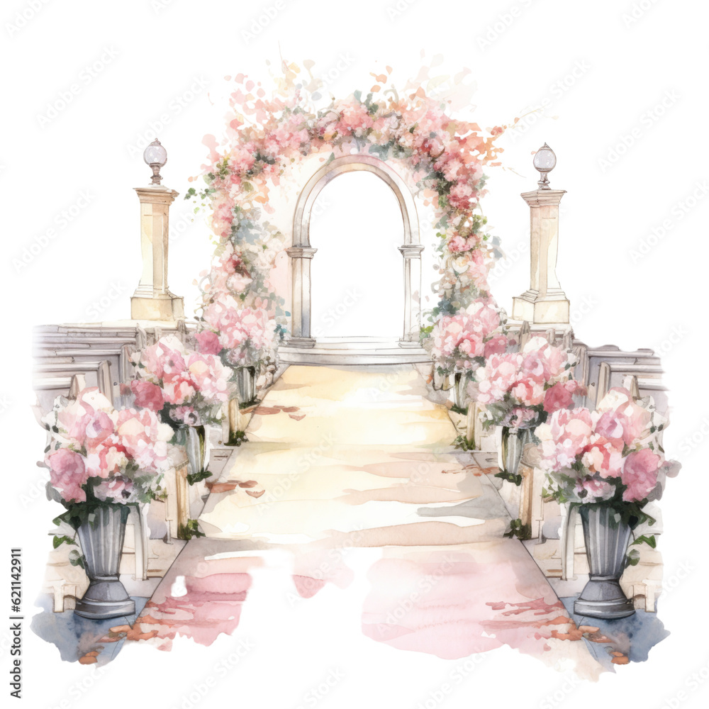 a flower-strewn wedding aisle in watercolor style isolated on a transparent background, generative ai