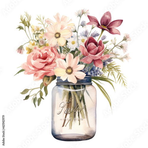 a rustic mason jar flower arrangement in watercolor style isolated on a transparent background, generative ai