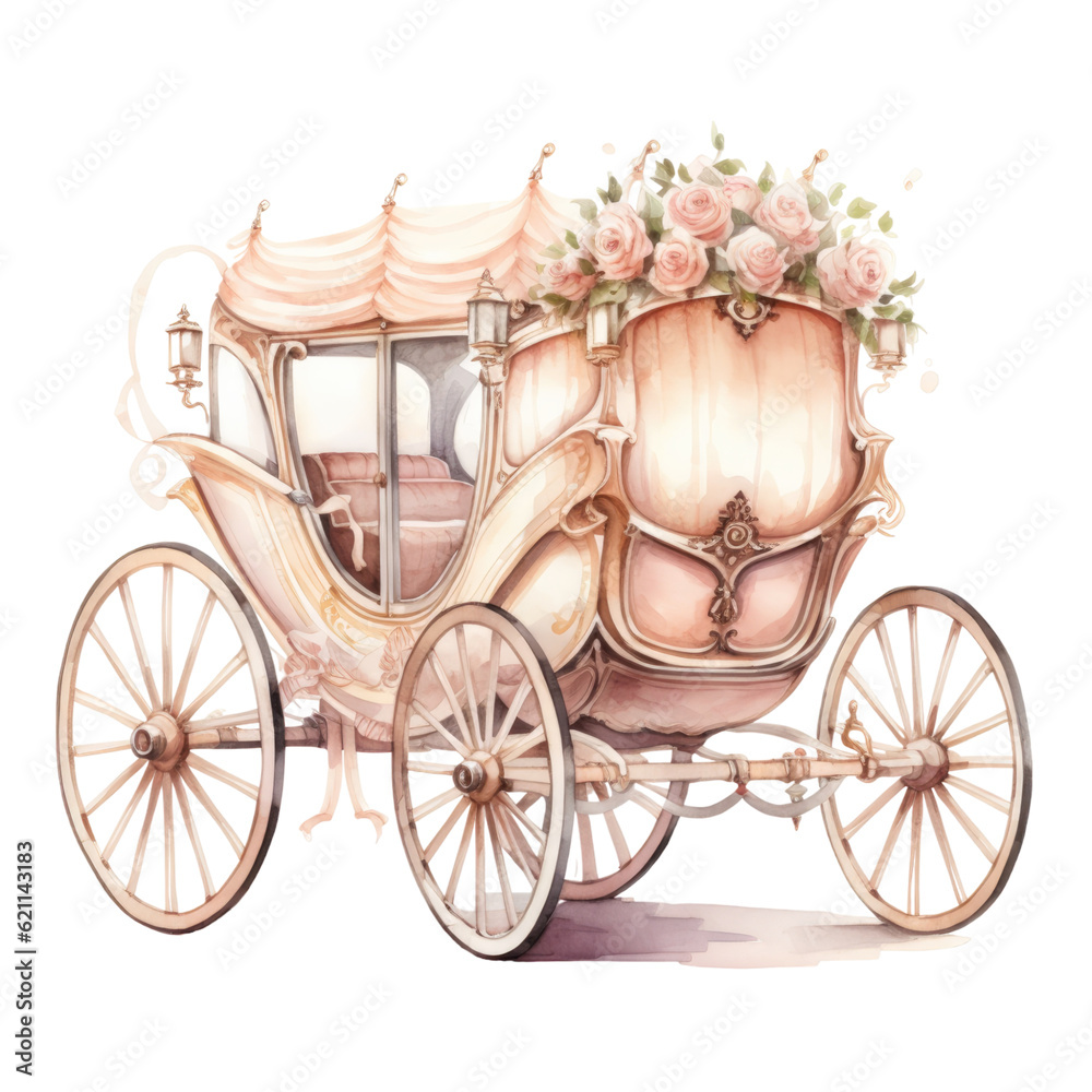 an elegant wedding carriage in watercolor style isolated on a transparent background, generative ai