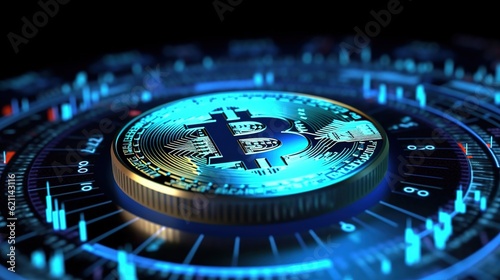 Cryptocurrency background with various of shiny silver and golden physical cryptocurrencies symbol coins.stack with growing business graph. Investment and financial concept.AI generated