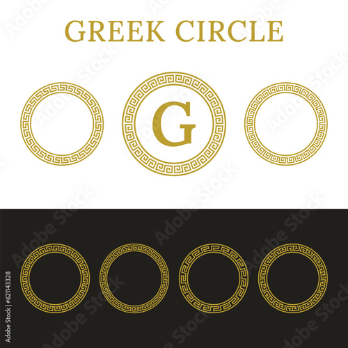 Set of Gold Ancient Greek Circle Pattern. Seamless Greek Key Round Frame. Antique Gold Decorative Meander Circle Collection
