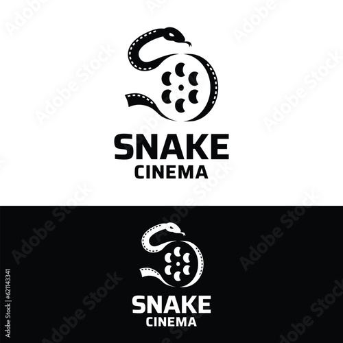 Snake with Camera Reel Stripes in Simple Black for Cinematography Video Film Movie Production Studio Cinema Theater Industry Label Logo Design Template