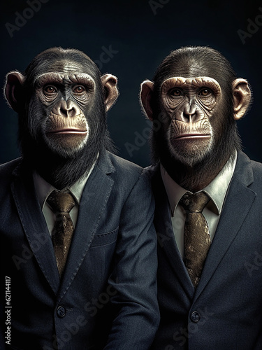 Portrait of two men with monkey heads and in office suits standing together next to each other. Generative AI