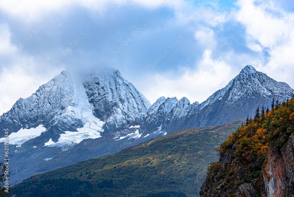 View of mountain peak from highway near Valdez in Alaska, USA.