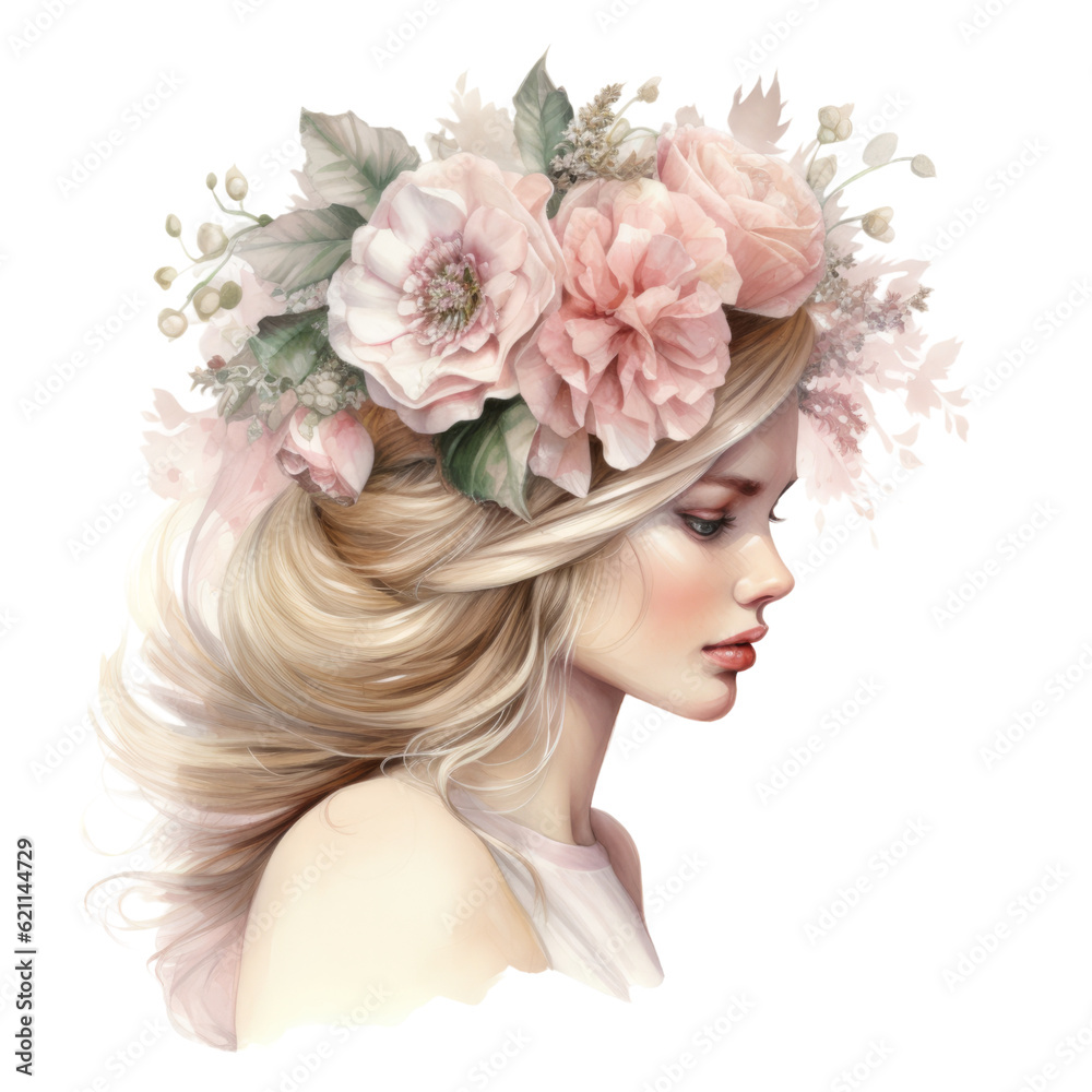 a detailed wedding headdress in watercolor style isolated on a transparent background, generative ai