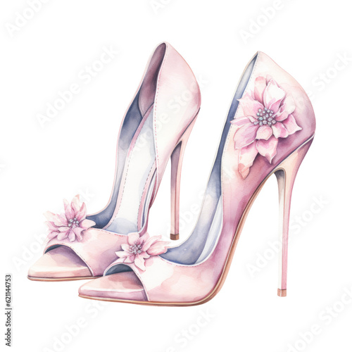 a glamorous pair of bridal stilettos in watercolor style isolated on a transparent background, generative ai