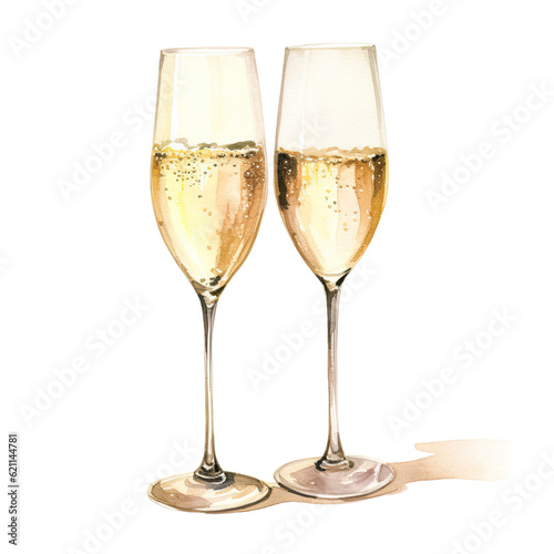 a pair of elegant champagne flutes in watercolor style isolated on a transparent background, generative ai