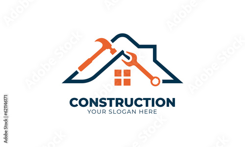Construction renovation home logo with hummer and wrench vector design