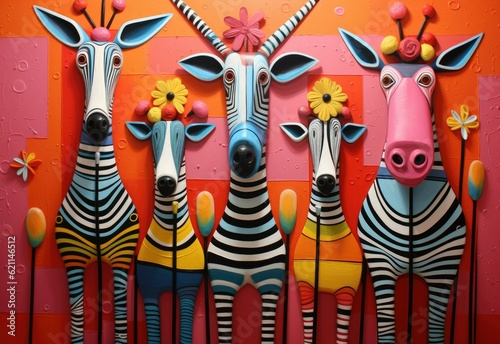 Colorful artistic sculpture of whimsical zebras with floral accents