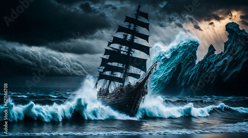 Fényképezés Storm rages and the waves crash around it, the pirate ship stands tall, a symbol of adventure on the treacherous seas