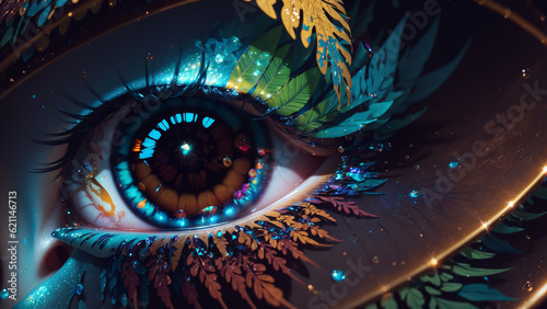 Close up view reveals the mesmerizing beauty of big  bright colored eyes adorned with intricate and enchanting patterns captivating all who gaze into their depths.