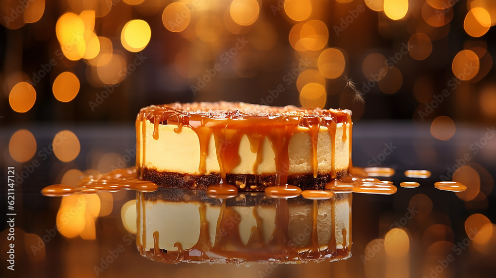 Сaramel cheesecake, with its creamy, velvety texture and luscious caramel drizzle. Generative AI
