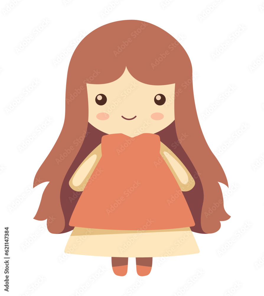 Cute cartoon doll in a dress, smiling with long brown hair Cute cartoon doll in a dress, smiling with long brown hair