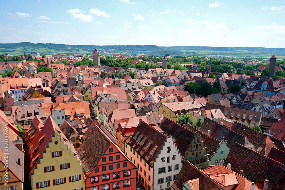 Aerial view of the Old Town architecture in Rothenburg ob der Tauber, Bavaria, Germany.