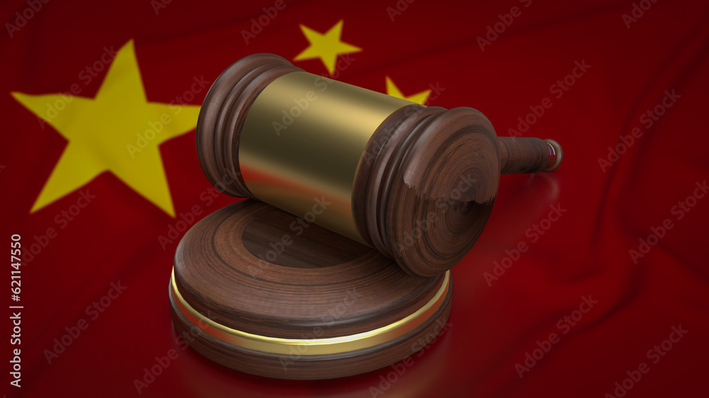 The wood hammer on Chinese flag for law concept 3d rendering