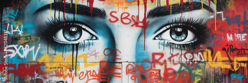 Large colorful face in graffiti on a long wall, banner, color, hip, modern, art, street