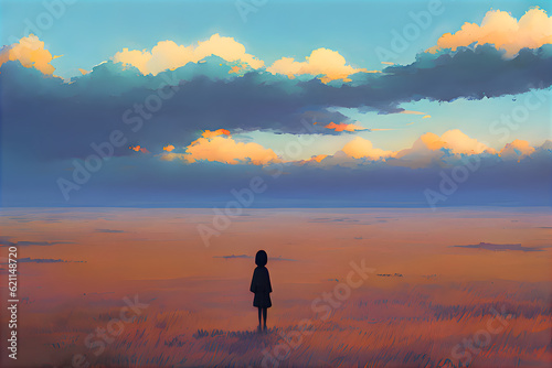 silhouette of a person in a vast empty wheat field gazing at the clouds on the horizon